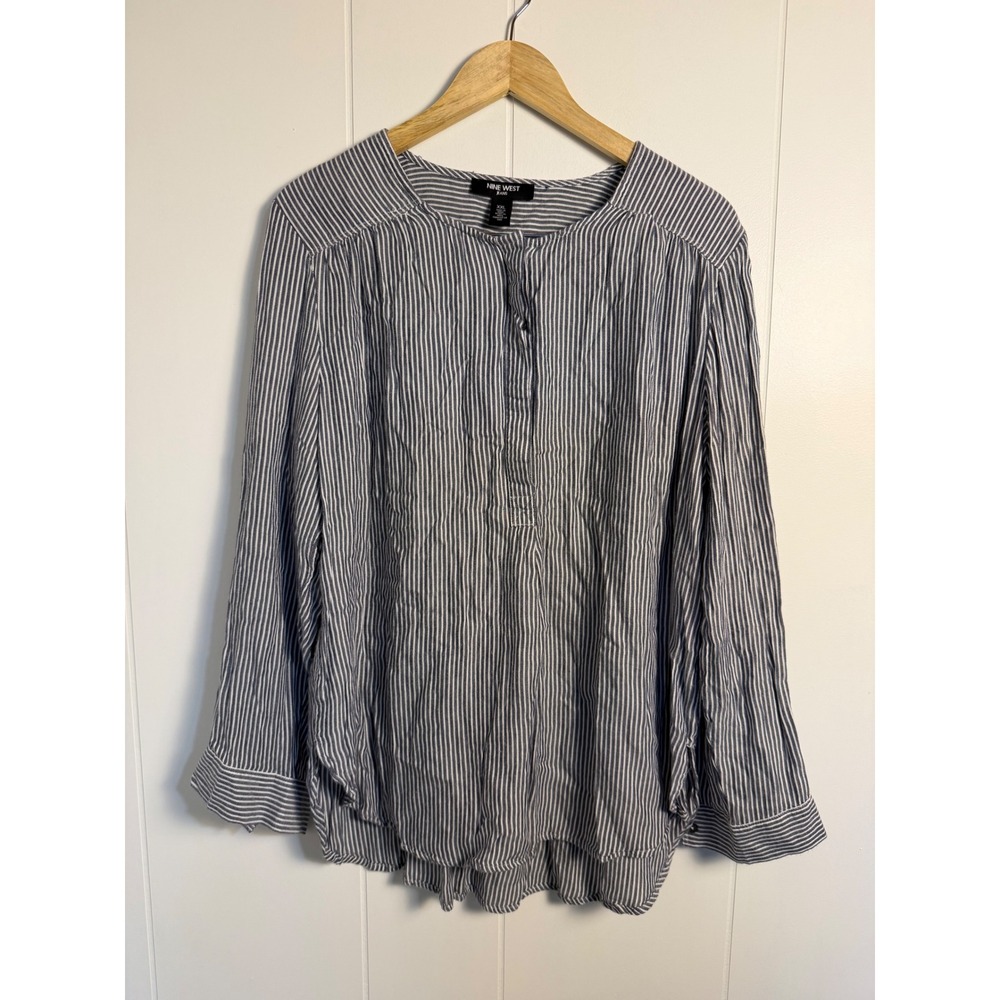 Coastal Preppy Grey White Striped Long Sleeve Henley Tunic Top‎ XXL